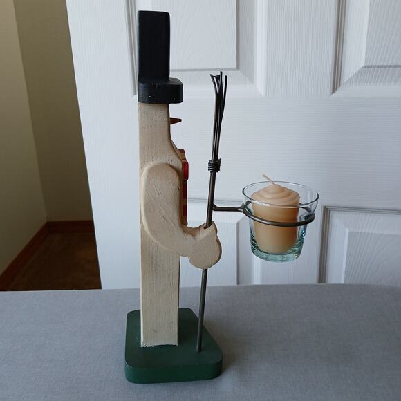 Handmade Vintage Wooden Snowman candle holder 13" tall made in Mexico votive - Picture 4 of 16